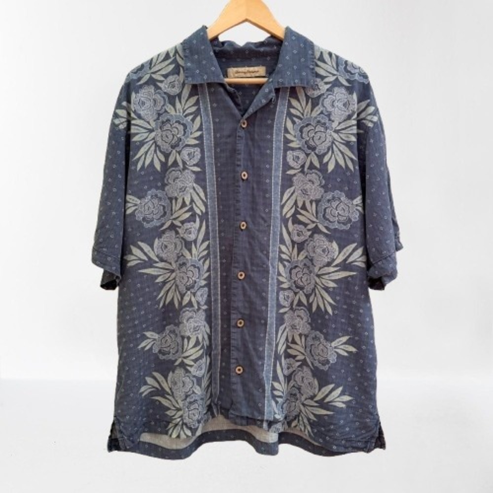 Vintage Tommy Bahama Men's Silk Camp Shirt Blue Floral Hawaiian Short Sleeve XL